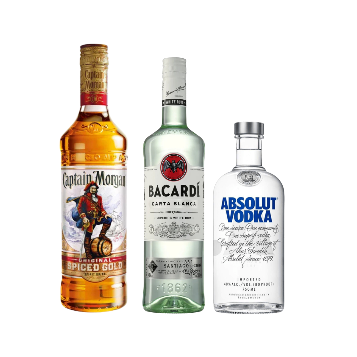 Absolut Vodka + Bacardi Carta Blanca + Captain Morgan Bundle