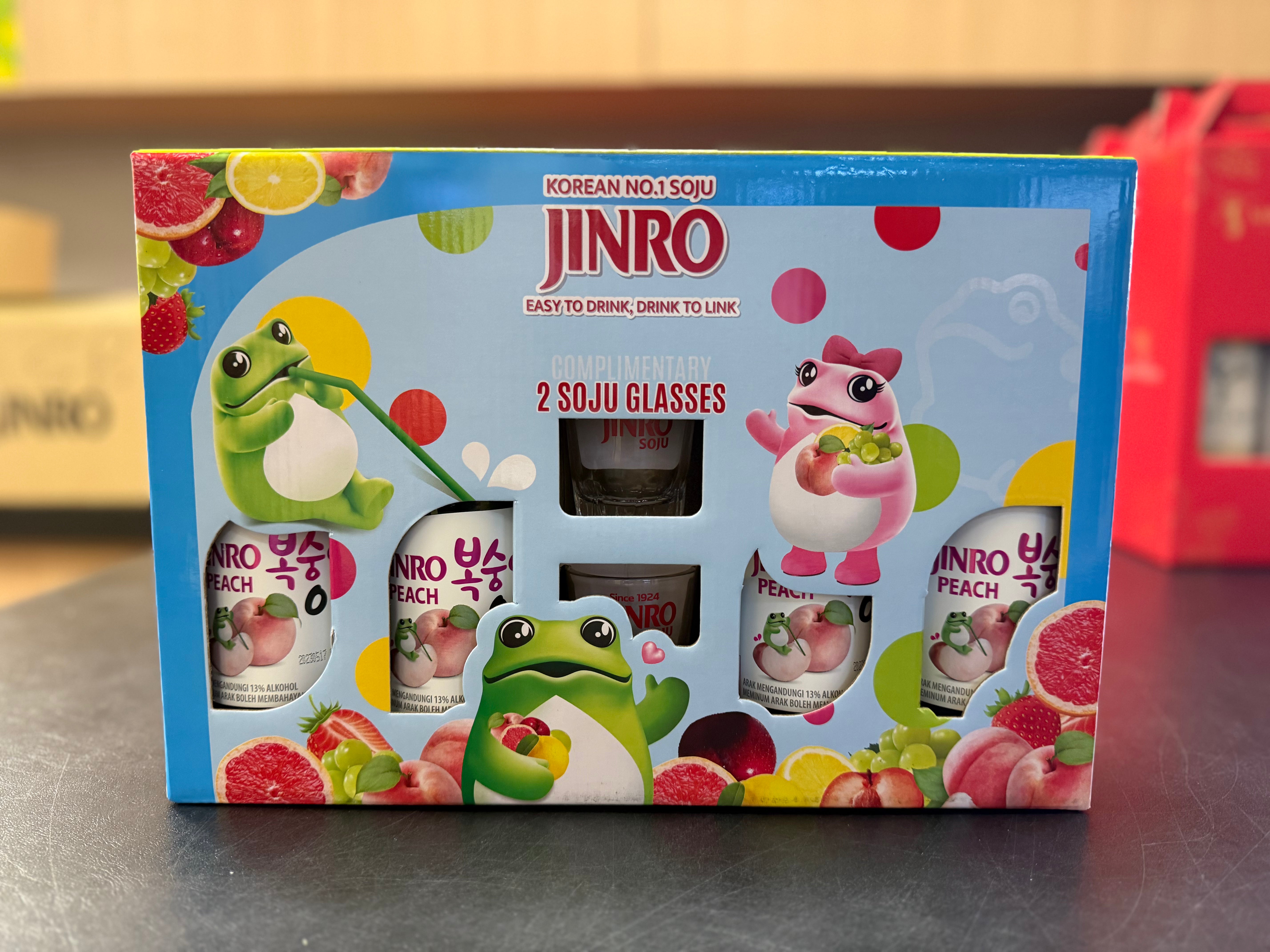 Jinro Peach Gift Pack 2026 (4 Bottles, 2 Free Shot Glasses)